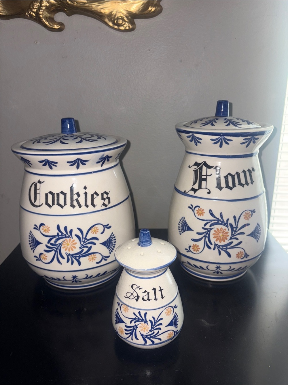 Vintage 1950s blue & White Floral Cookie, Flour & Salt Canister Set